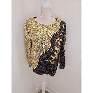 Sequin Silk Vintage 80s Blouse Top M Gold Black Beaded Party Cocktail Evening